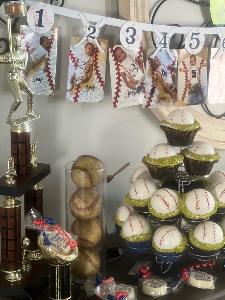 Month birthday banner, vintage baseball trophy, baseball cupcakes