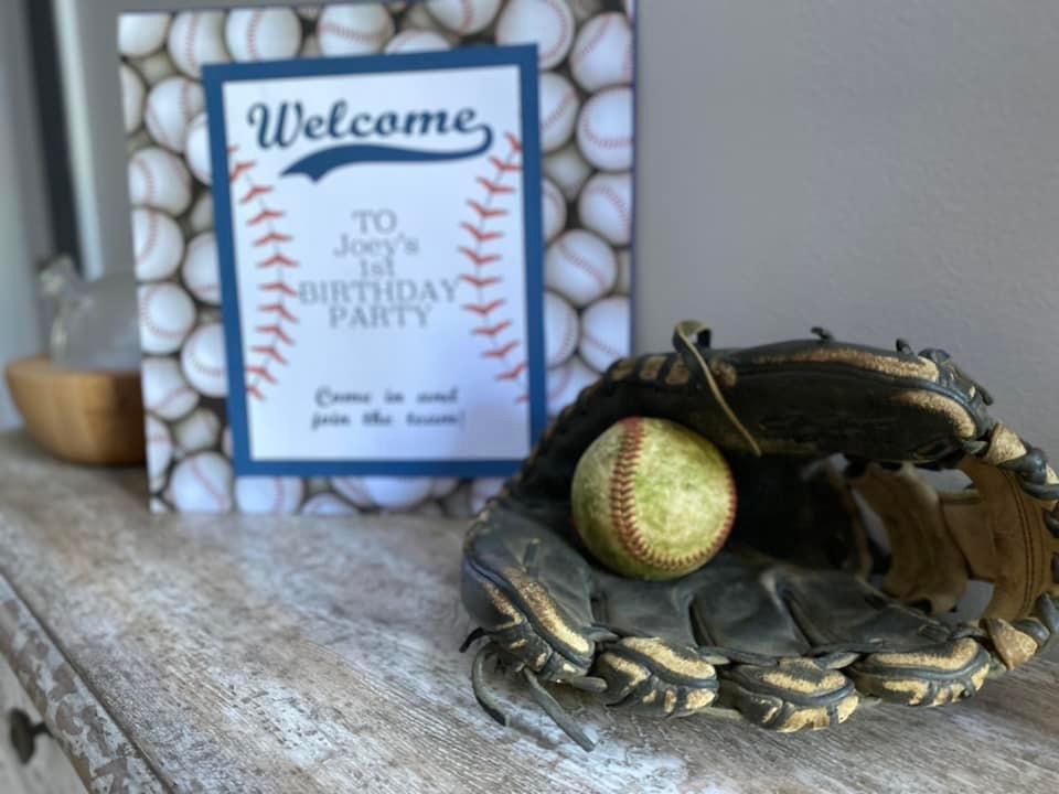 Welcome sign for party, vintage baseball glove and ball