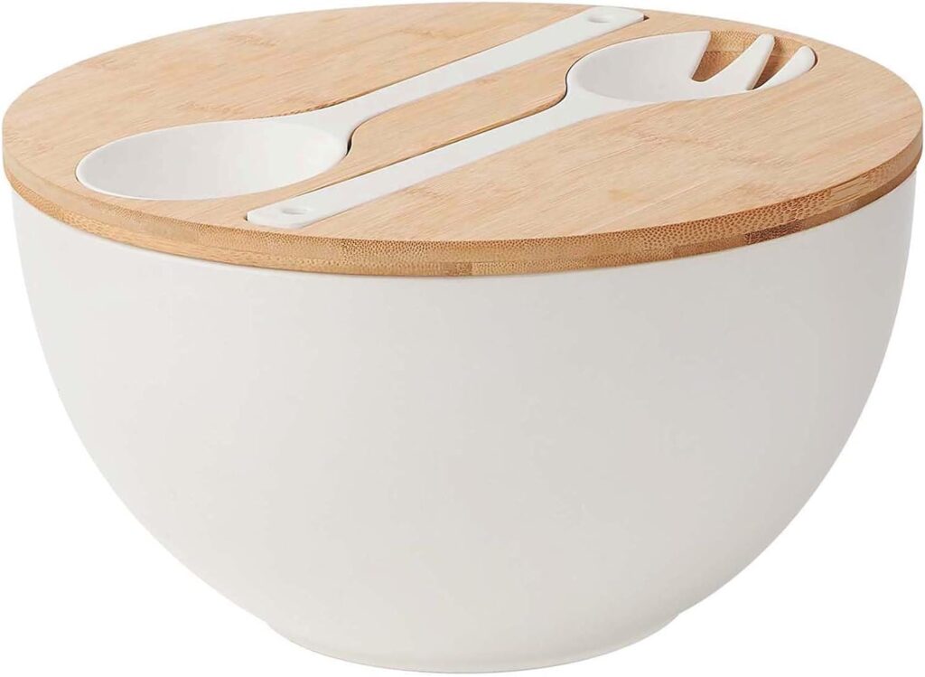 large serving bowl with wooden lid and untensils