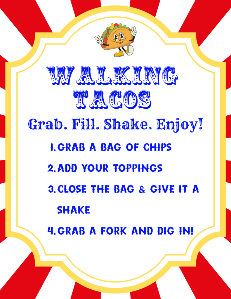 DIY walking taco bar with chip bags, toppings, and slow cooker at a carnival birthday party.