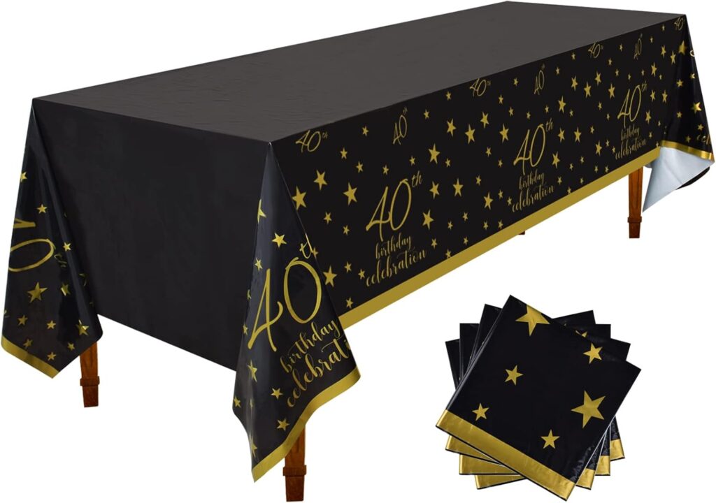 Black and gold 40th birthday tablecloth with star design, used for table décor at a Bourbon & BBQ milestone birthday party.