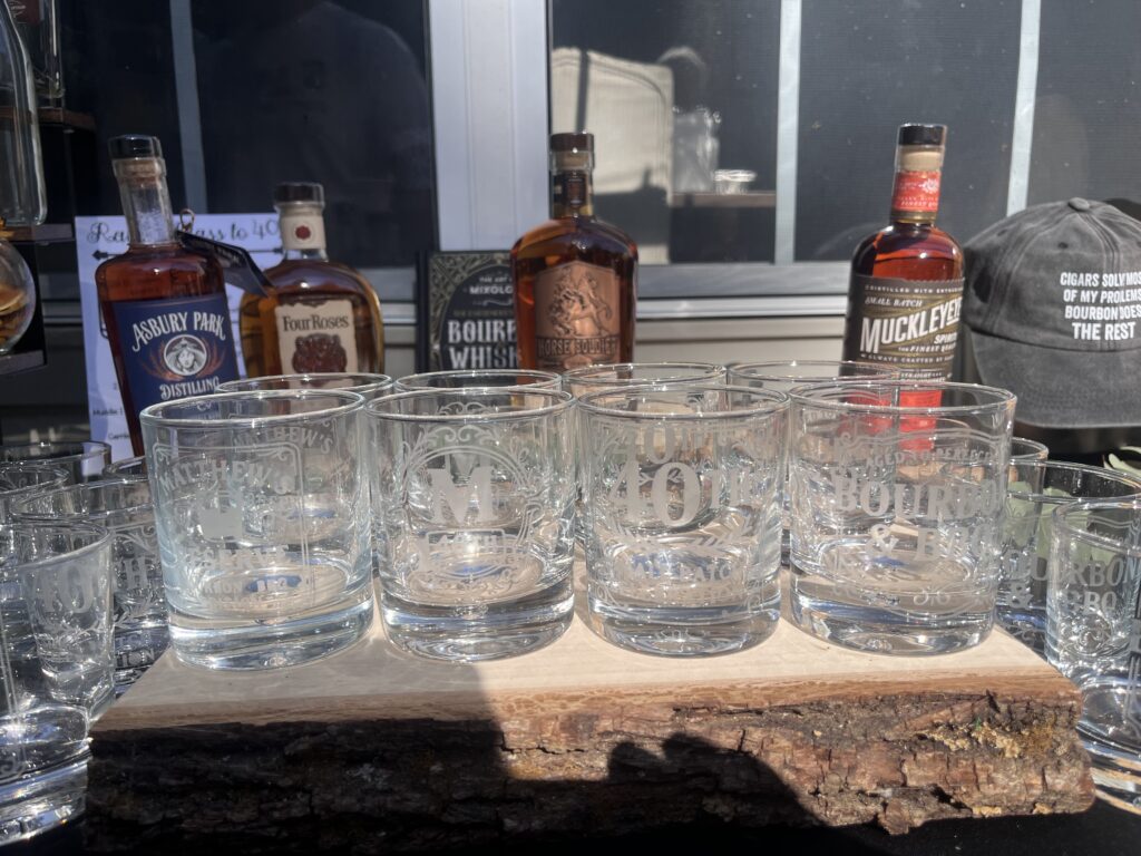 custom etched rocks glasses and wood tray