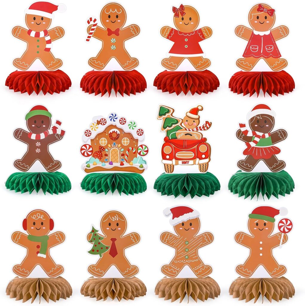 Gingerbread-themed table decorations featuring cute gingerbread men, gingerbread houses, and festive holiday centerpieces in red, green, and brown.