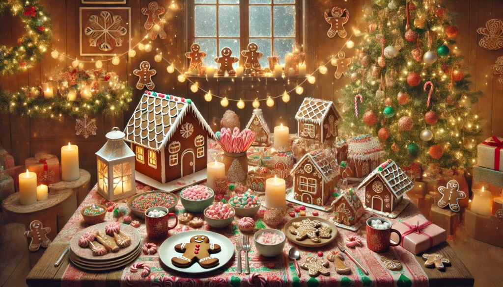 A cozy holiday table decorated for a gingerbread house decorating party, featuring gingerbread houses, cookies, candy toppings, and glowing Christmas lights.