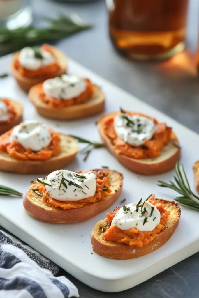 Sweet potato crostini appetizers topped with whipped ricotta and herbs on toasted baguette slices, served on a white platter.