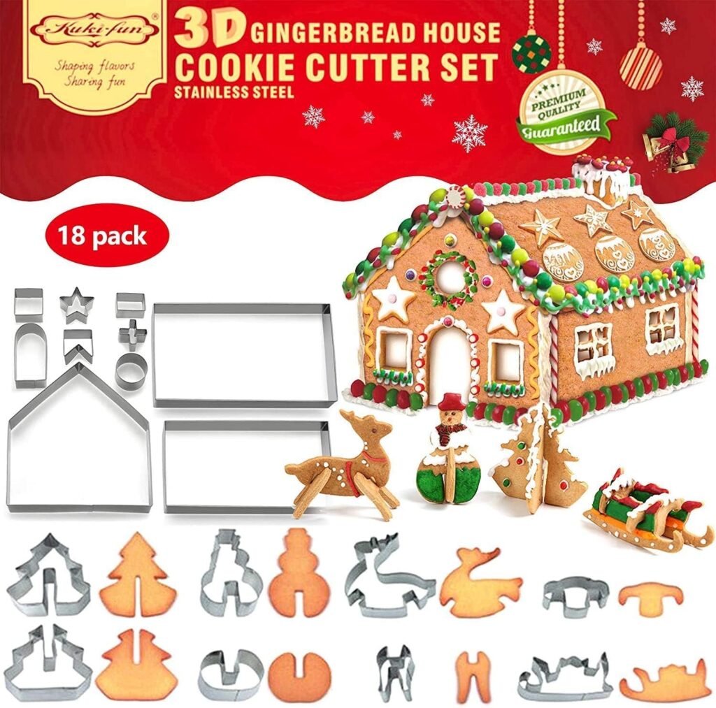 3D gingerbread house cookie cutter set with stainless steel molds and decorated gingerbread house, reindeer, and sleigh.