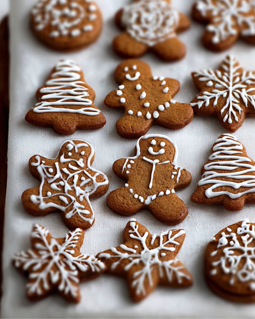 Classic gingerbread cookies decorated with white icing in shapes of gingerbread men, snowflakes, and Christmas trees on a white cloth.
