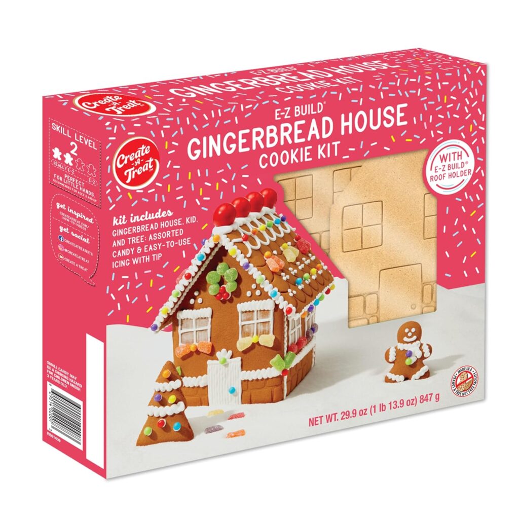 E-Z Build gingerbread house cookie kit with pre-baked pieces, icing, and candy decorations for easy holiday house decorating.