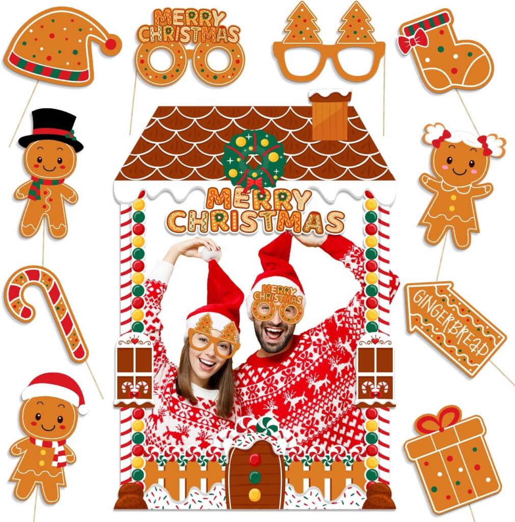 Gingerbread house photo booth kit with Christmas props including gingerbread men, candy canes, hats, and festive signs for holiday parties.