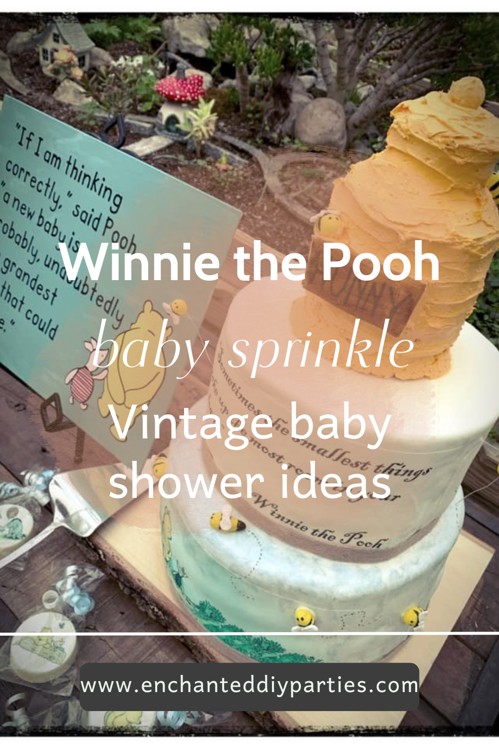 Vintage Winnie the Pooh baby sprinkle cake with honey pot topper and classic storybook baby shower decor in a greenhouse setting