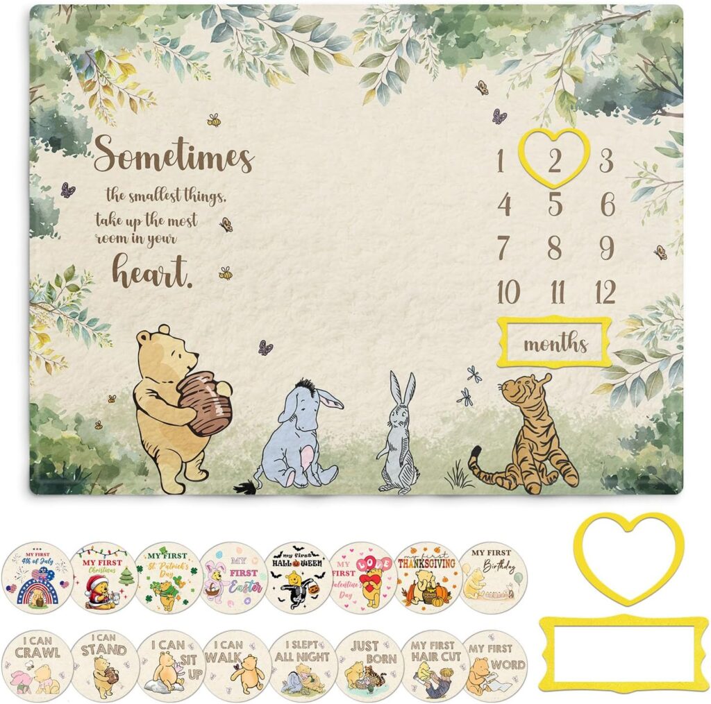 Vintage Winnie the Pooh baby milestone blanket with classic storybook characters and monthly baby photo markers