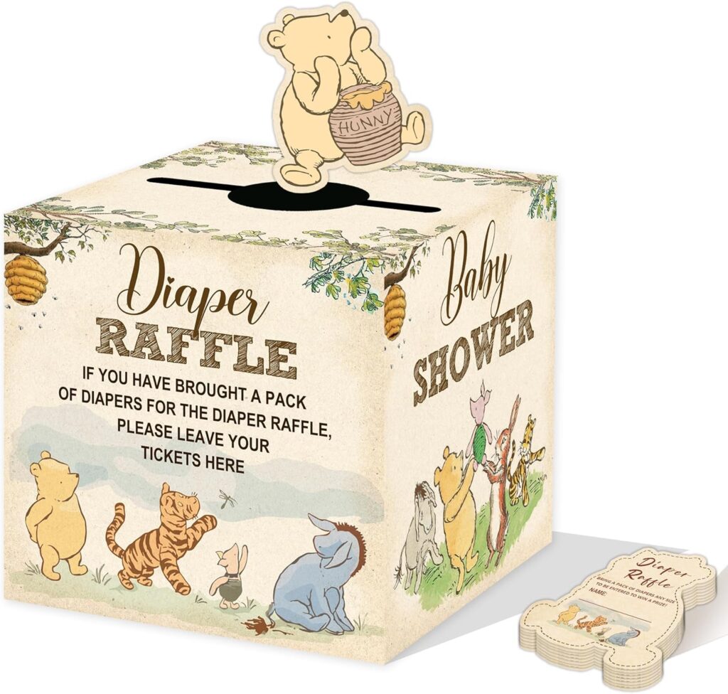 Winnie the Pooh baby shower diaper raffle box and ticket set with classic storybook characters