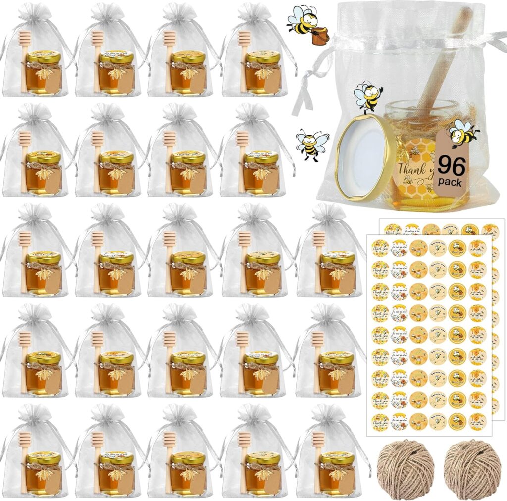 DIY honey jar baby shower favor kit with mini honey jars, honey dippers, twine, stickers, and organza bags