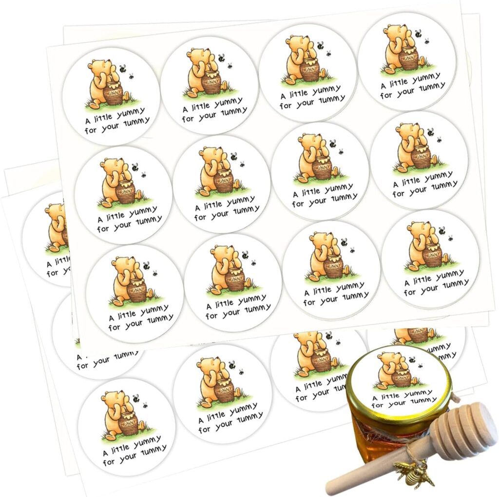 Winnie the Pooh honey jar favor stickers with “A little yummy for your tummy” design for baby shower favors