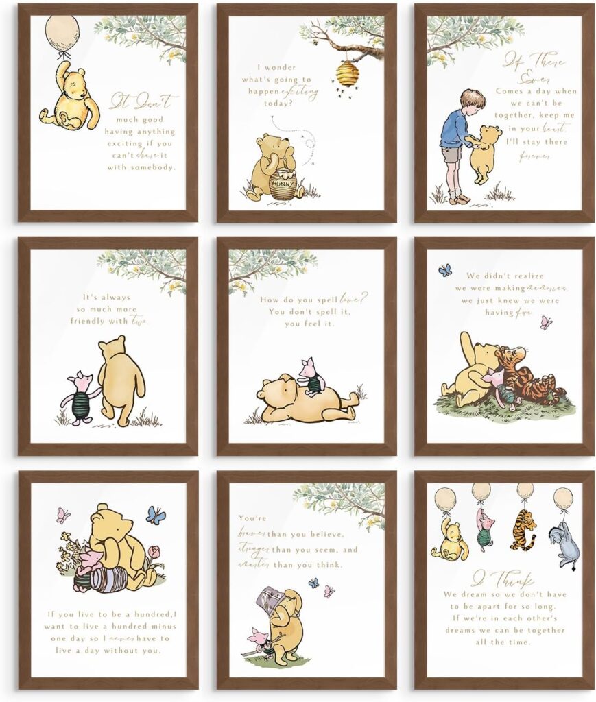 Vintage Winnie the Pooh nursery wall art prints with classic storybook quotes and soft neutral woodland decor