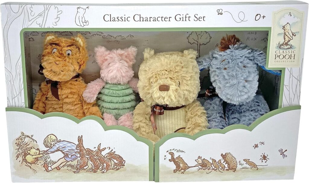 Classic Winnie the Pooh plush character gift set with Pooh, Piglet, Tigger, and Eeyore stuffed animals